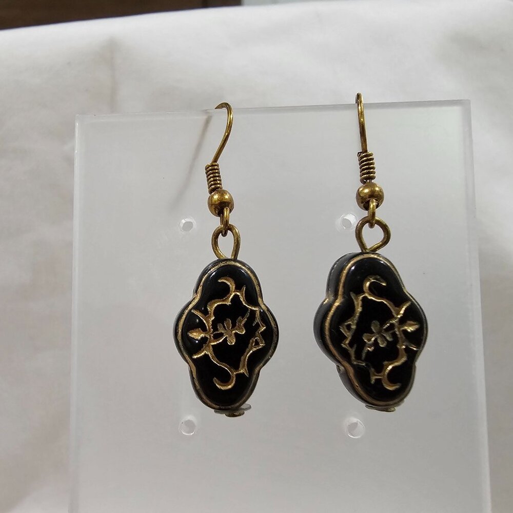Vintage Art Deco Earrings Dangle French Hook / 2 Pair (one purple and one black)